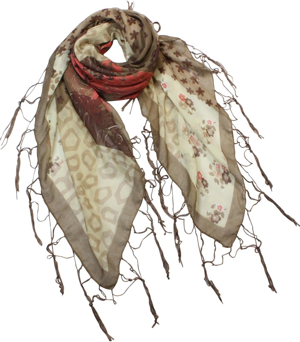 Multi Flowers Leopard Pattern Tassel Ends Sheer Square Scarf Sarong