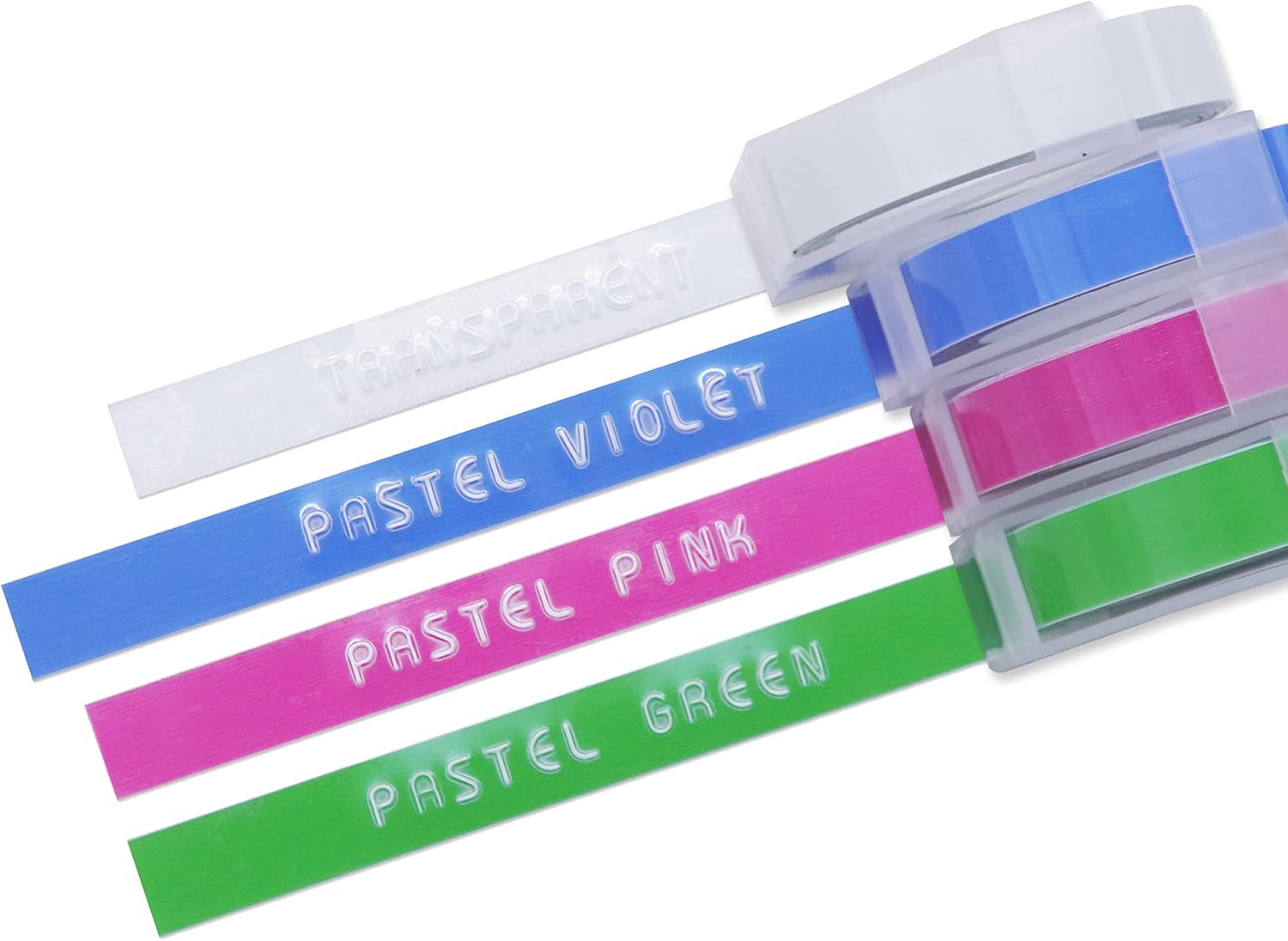 MoTEX Refill Tape for Embossing Label Maker, Pastel Color Tapes 4 Rolls, 3/8-Inch (Clear, Green, Violet, Pink)