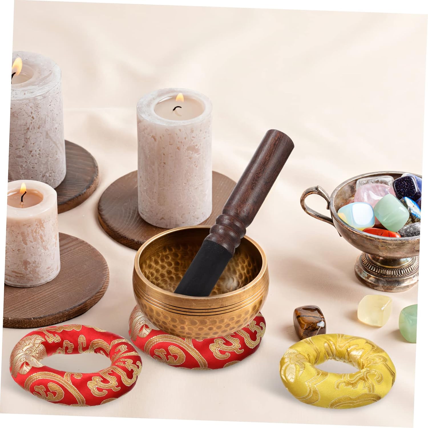 3pcs Meditation Sound Bowl Cushions Mallet Handmade Buddhist Singing Bowl Pads Random Colors for Peaceful Mindfulness and Healing Practices