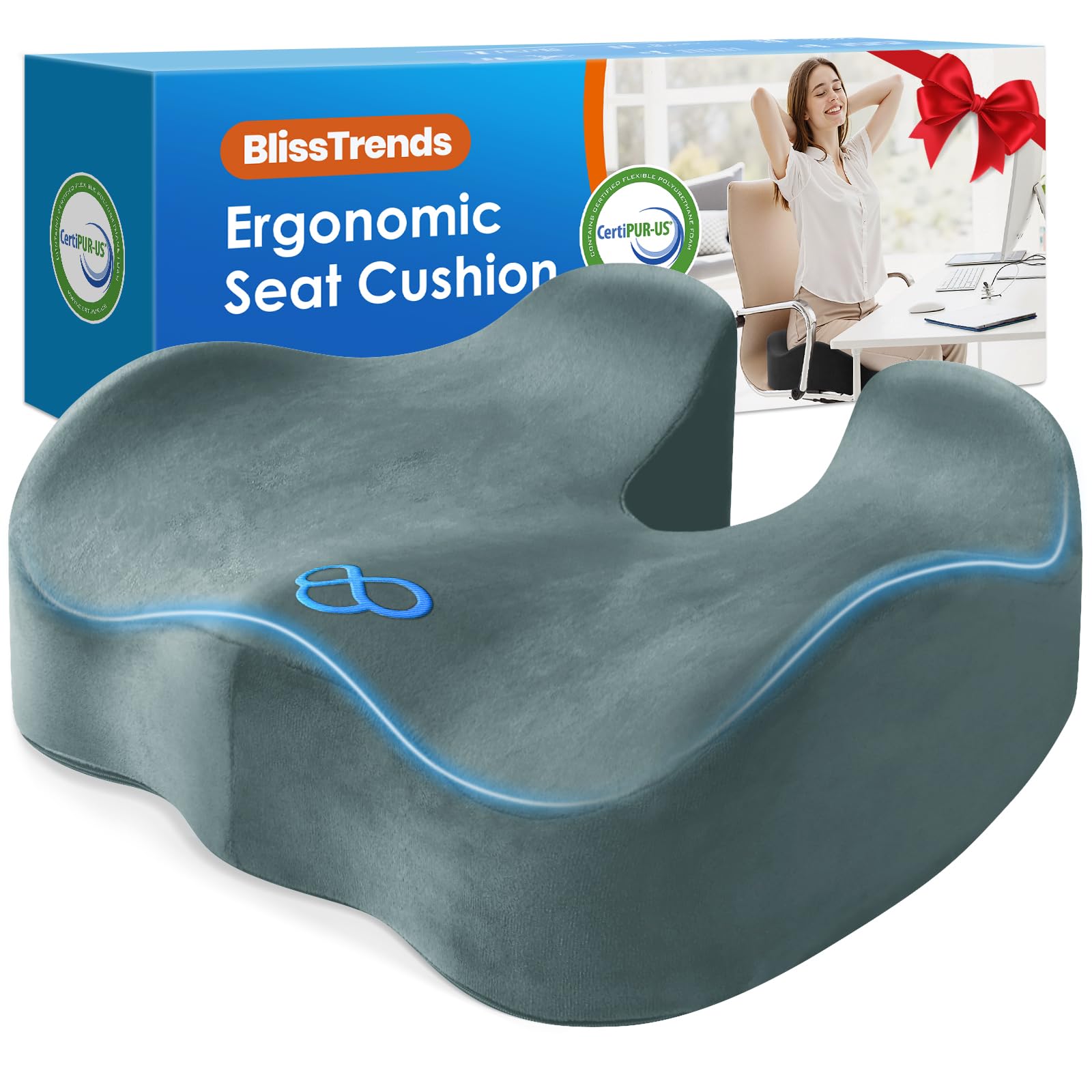 BlissTrends Memory Foam Seat Cushion for Office Chair & Car Seat, Teal Grey | Ergonomic Tailbone & Sciatica Support with Removable Velvet Cover for Pressure Relief and Long Sitting Comfort, 3.3" Thick