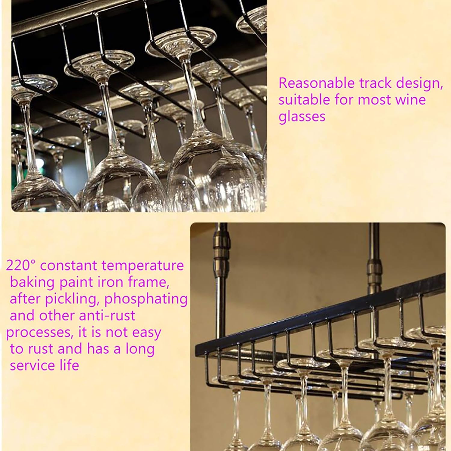 Hanging Wine Glass Holder Rustic Iron Wine Glass Holder Ceiling Stemware Rack,Hanging Wine Glass Rack,Wall Mounted Glass Rack,Vintage Wine Glass Storage Rack,Stemware Holder,Adjust