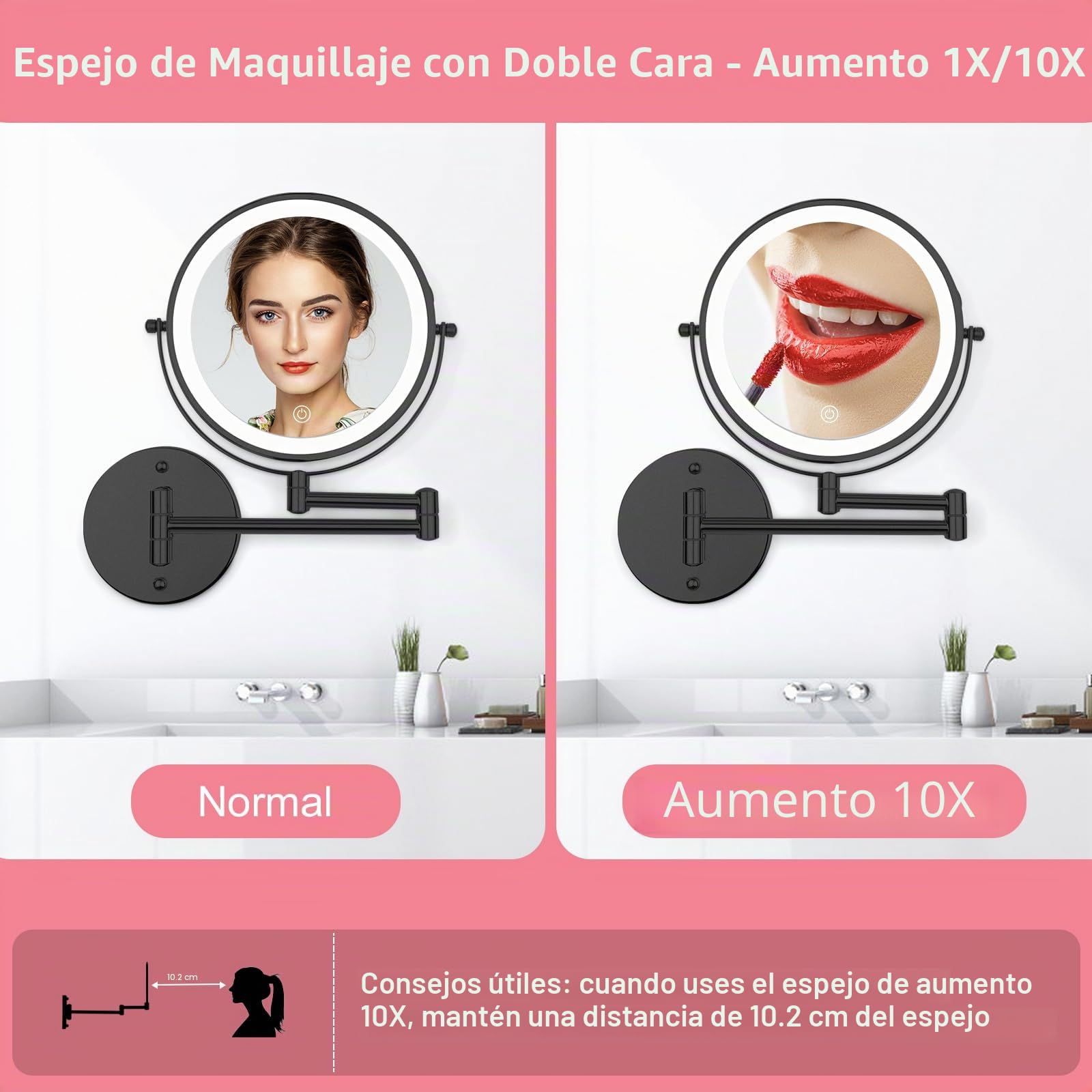 Espejo de maquillaje montado en la pared de 8 pulgadas con luces, espejo de afeitado LED recargable, aumento de doble cara 1X/10X, iluminación regulable de 3 colores, rotación de 360°, negro
