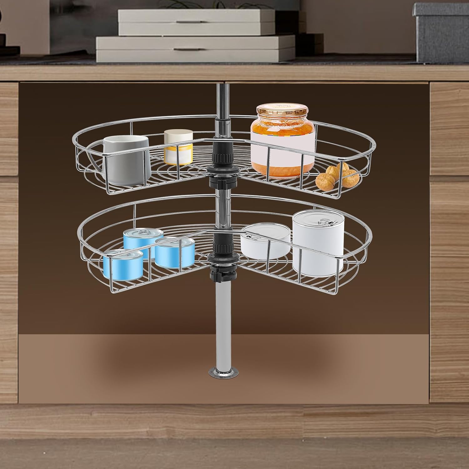 360° Rotating Lazy Susan Turntable for Cabinet, 2-Tier Adjustable Height (22-31in) Corner Cabinet Organizer, Stainless Steel Look Iron, Kitchen Counter Decor for Spices/Vegetables/Fruits