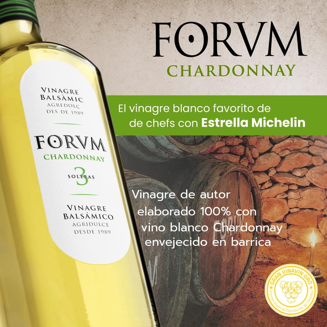 Forvm Chardonnay, Vinagre de Vino Blanco, Fantástico para Cocinar, Usado 12 Años en el Menú de los Premios Nobel, Envejecido Artesanalmente 3 Años (3 Botellas)