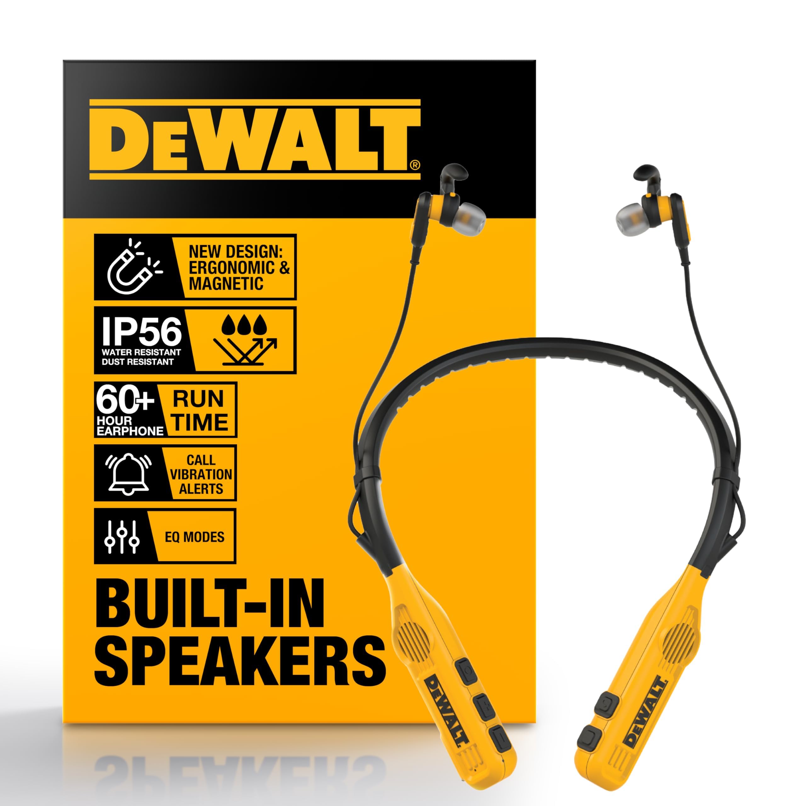 DEWALT Auriculares Inalámbricos Bluetooth 2-en-1 con Altavoces Integrados, Cascos Inalámbricos Bluetooth de Diadema, 60h Autonomía, Cancelación de Ruido, IP56, Manos Libres para Trabajo y Llamadas