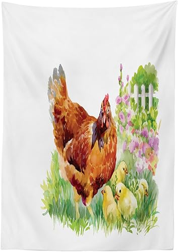 Miniatura 2 de Lunarable Mantel rectangular de pollo, gallina Aquerelle y sus polluelos en un jardín con vallas blancas y flores rosa pálido, mantel rectangular de