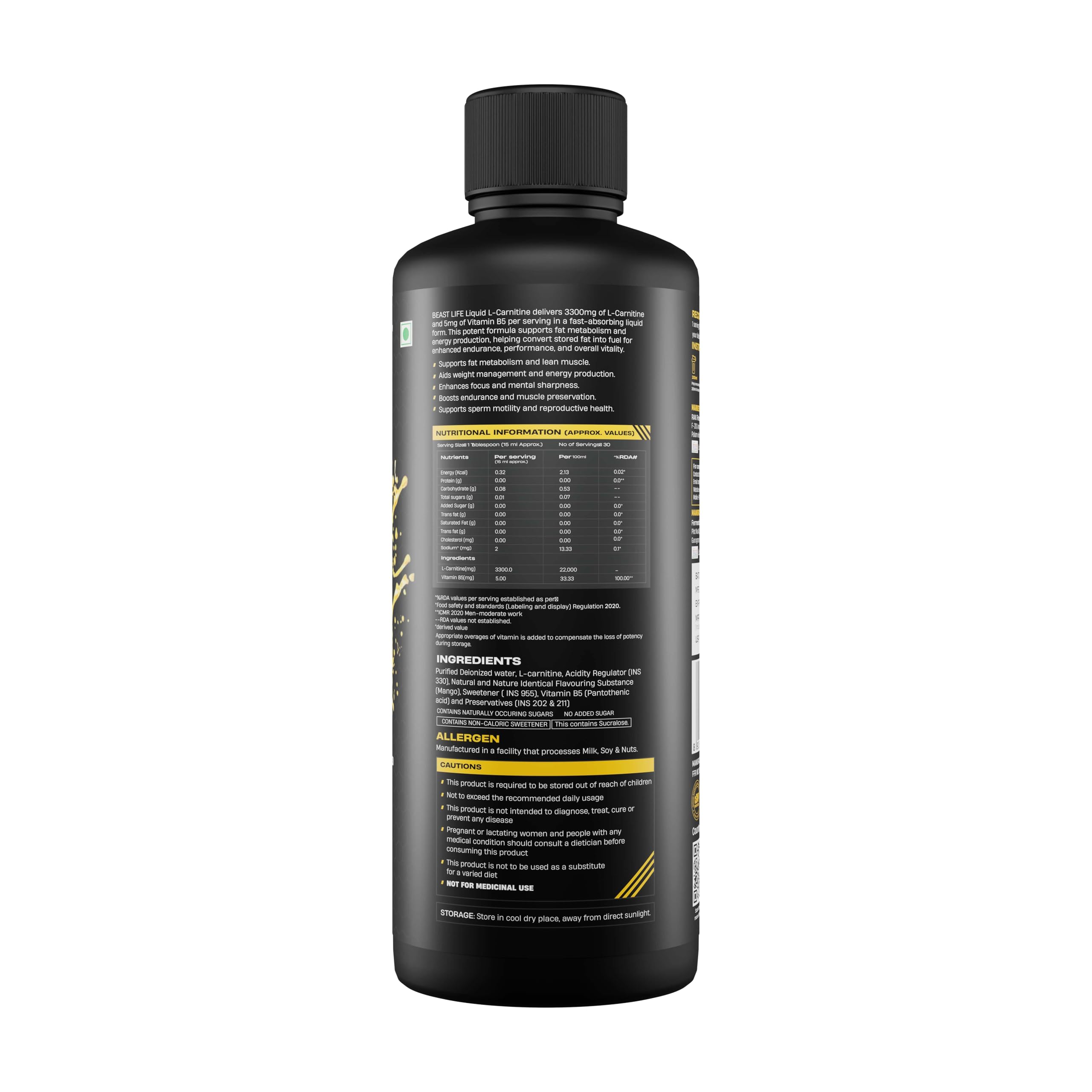 BeastLife L-Carnitine Liquid | 3300mg (Mango Flavor, 450 ml, 30 Servings) Converts Fat to Energy | Triple Strength Formula | Supports Weight Loss | With Vitamin B5 | No Added Sugar — Amazon image 8