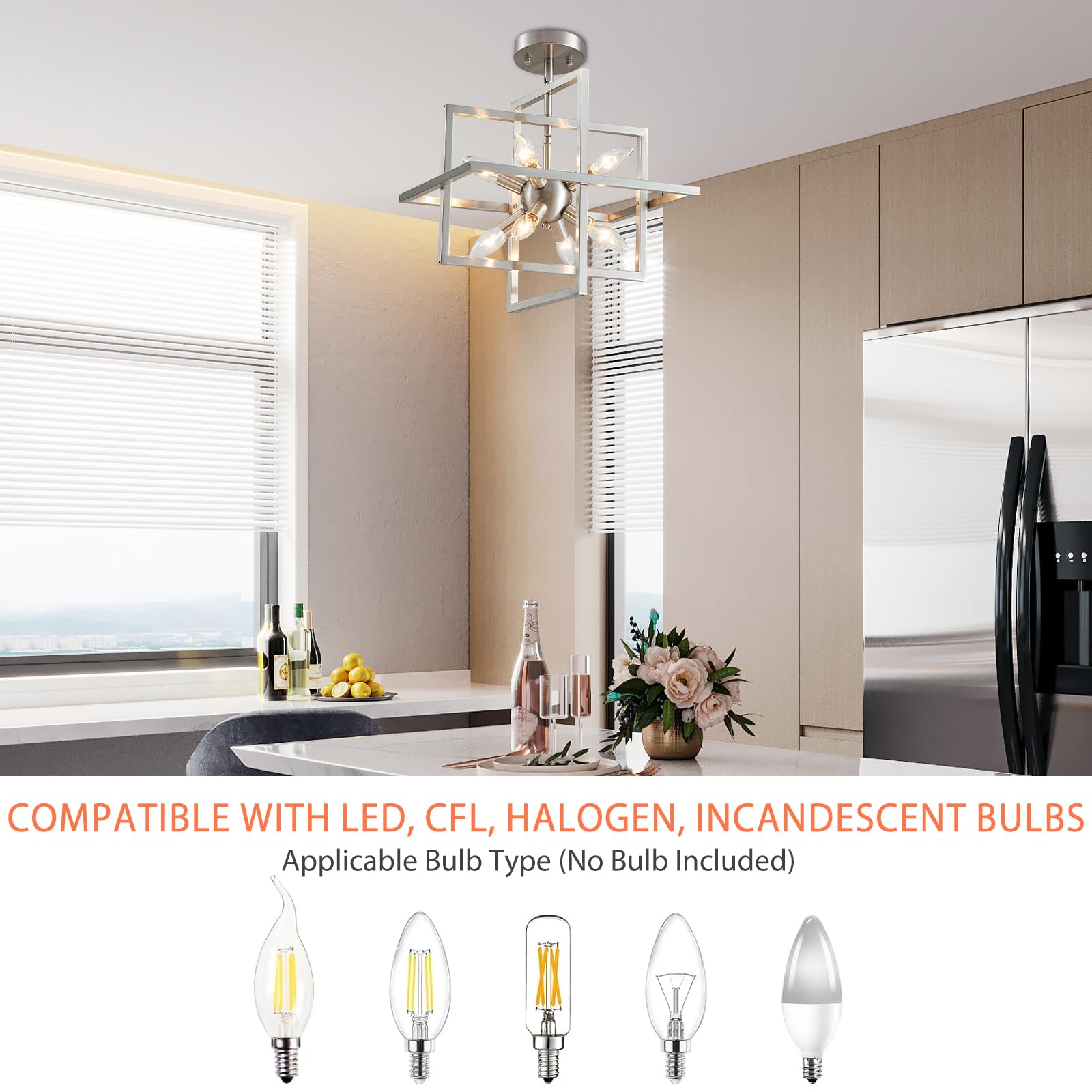 Candelabro de níquel cepillado, 8 luces, moderna y geométrica, lámpara de techo para comedor, cocina, isla, sala de estar, dormitorio, pasillo 5