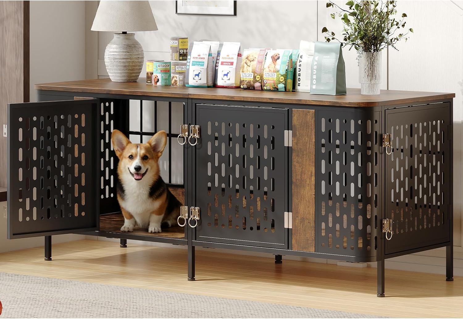 ONBRILL 63” Dog Crate Furniture for 1 or 2 Dogs,Large Double Dog Cage with Removable Divider,Heavy Duty Wooden Dog Crate As TV Stand with Steel Frame,Brown