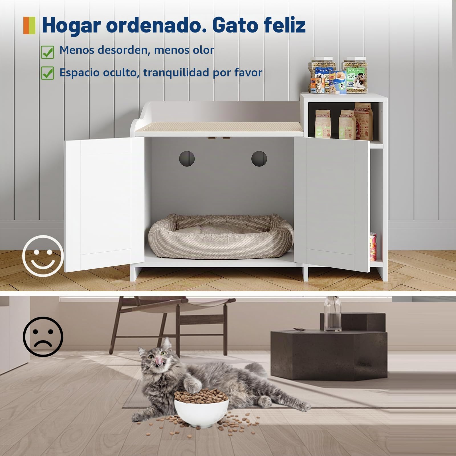 Mueble Ocultador De Arenero Gato – Aislante De Olores – Diseñado para Areneros Abiertos – Mesa Auxiliar De Madera con Estantería – para Gatos Grandes y Compatible con La Mayoría De Areneros