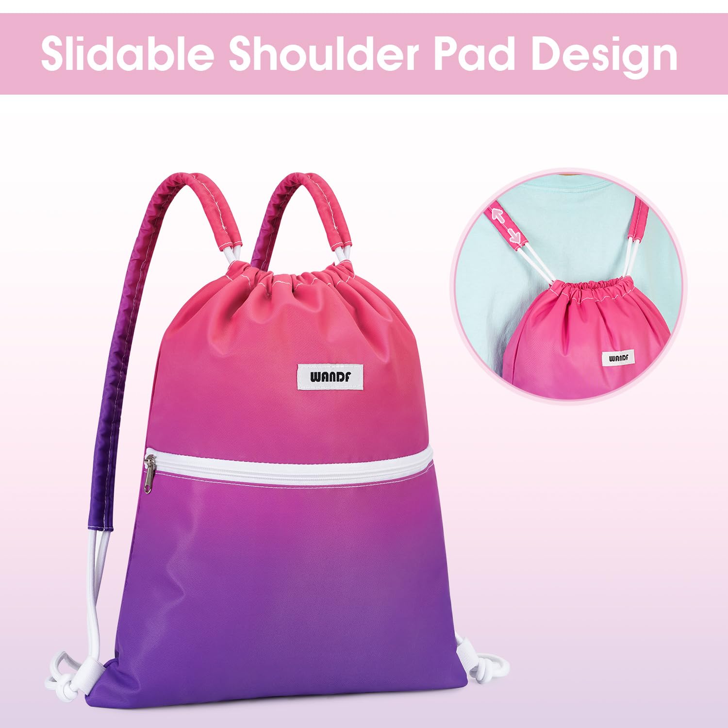 WANDF Drawstring Backpack with Shoulder Pad String Bag Sackpack Cinch Water Resistant Nylon for Gym Shopping Sport Yoga (Rose Red) - Image 2