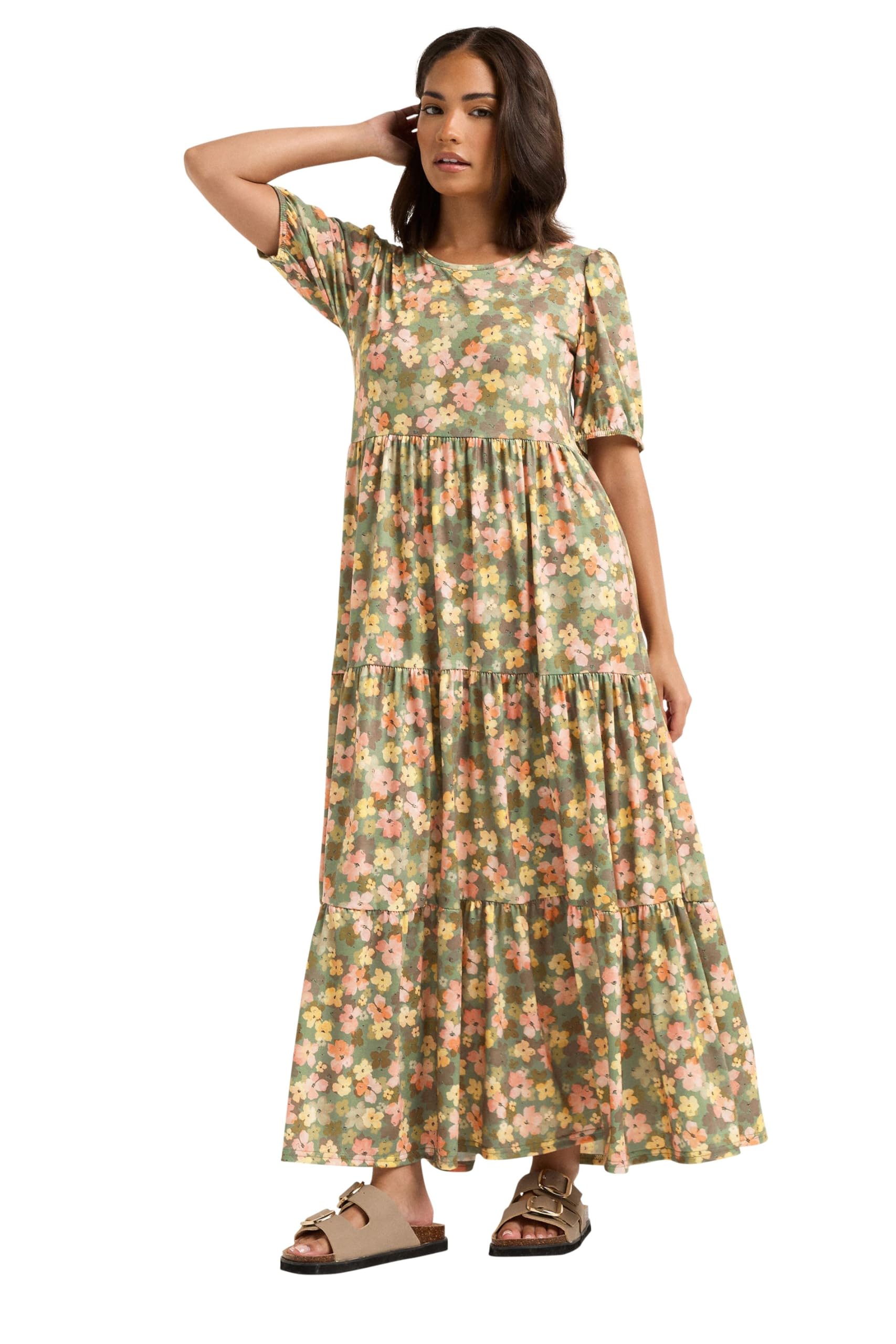Pixiegirl Women's Green Petite Floral Tiered Maxi Dress Size 10