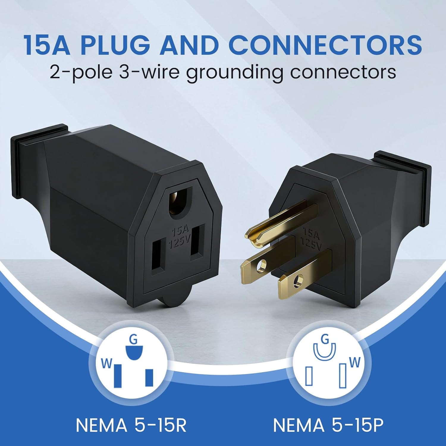 5 Set Extension Cord Ends Electrical Replacement Plug and Connector NEMA 5-15R 15A 125V Black Shell 2 Pole 3 Wire Grounding Electric Replacement Plug