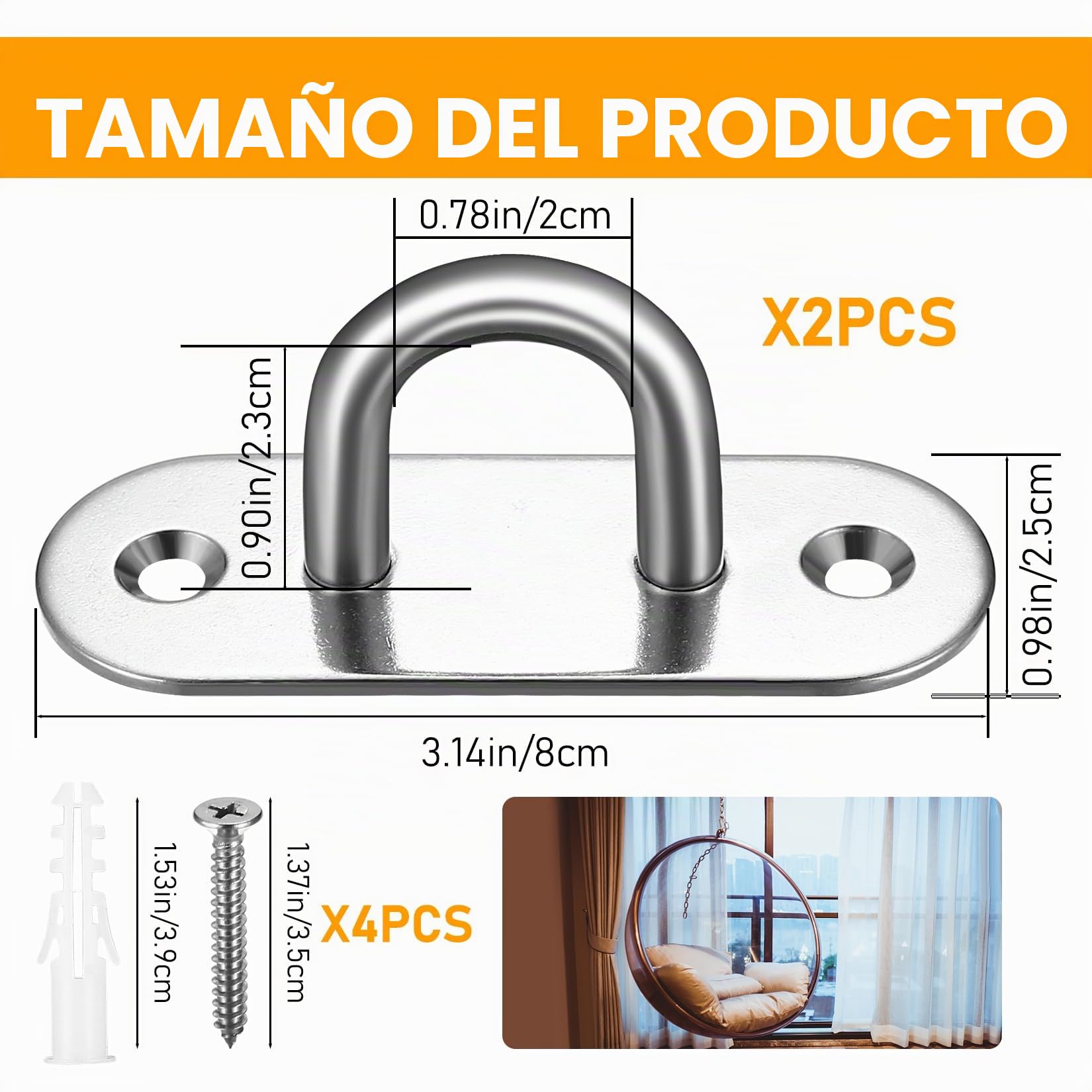 Placa de Ojo, 2 Pcs M8 Placas de Ganchos de Techo de Acero Inoxidable, Ganchos de Anclaje de Pared para Colgar Bandas Correa Hamacas Yoga Toldo, Capacidad de 400 kg, Oval