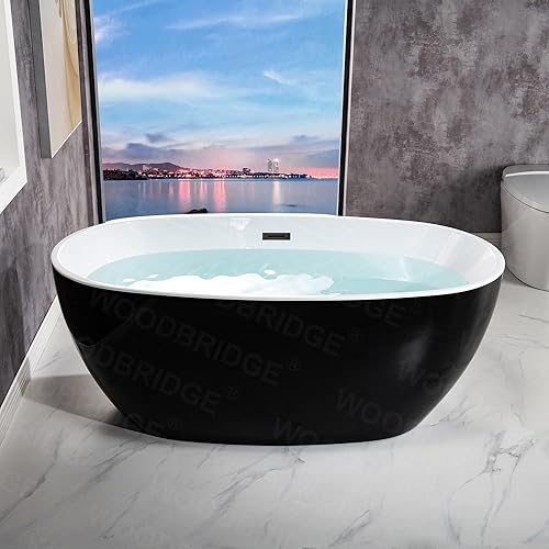 Miniatura 12 de WOODBRIDGE Bañera de acrílico independiente de 59 pulgadas, bañera negra de remojo contemporáneo con desbordamiento y drenaje negro mate, BTA1818-MB