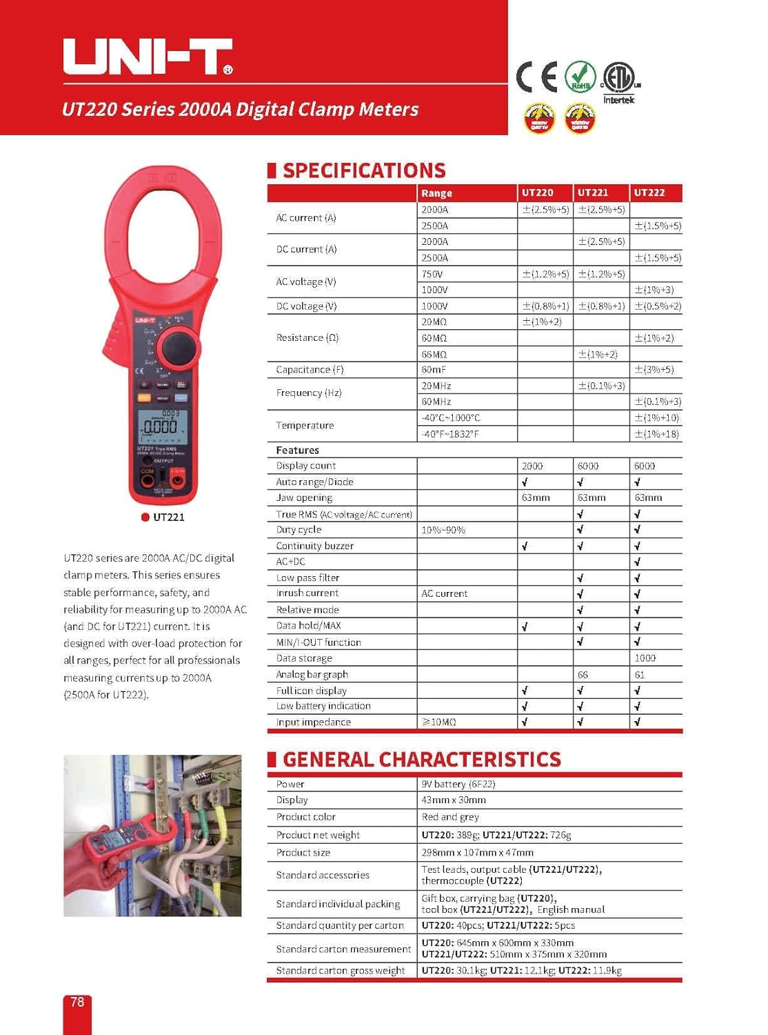 UNI-T UT221 2000A Clamp Meter 6000 Display Count True RMS (AC Voltage/AC Current) Over-Load Protection