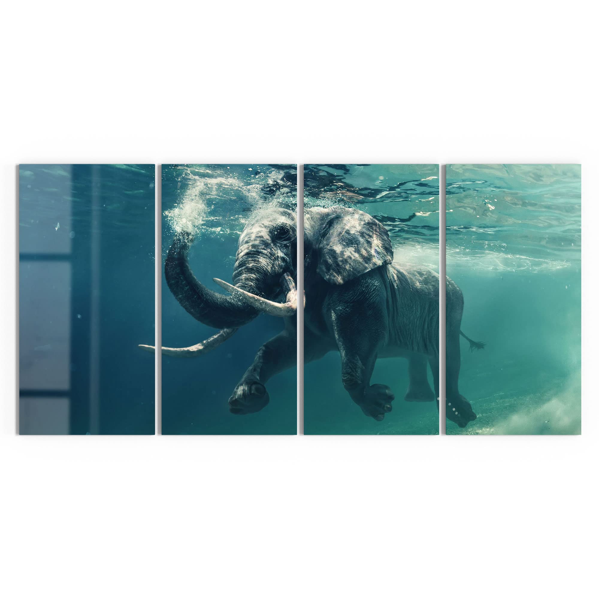 DEQORI Glasbilder Echtglas | Motiv Schwimmender Elefant | horizontal 4-teilig 120x60 cm | große XXL Deko | Wandbilder für Wohnzimmer, Schlafzimmer, Flur & Küche | moderne Wanddeko