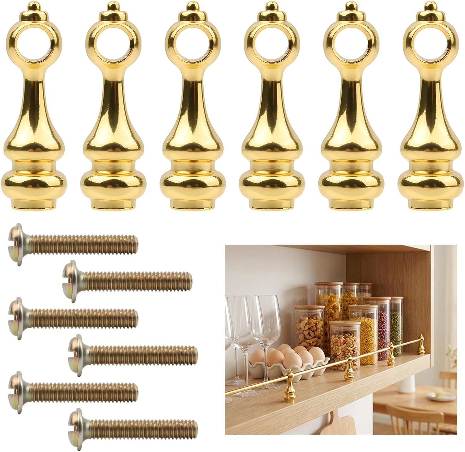 6PCS Brass Rails for Shelves, Metal Shelf Rail Connectors Glass Railing Posts for Gallery Shelve & Brass Shelf Rail for Cabinets Kitchen Storage Display (Easy Installation)