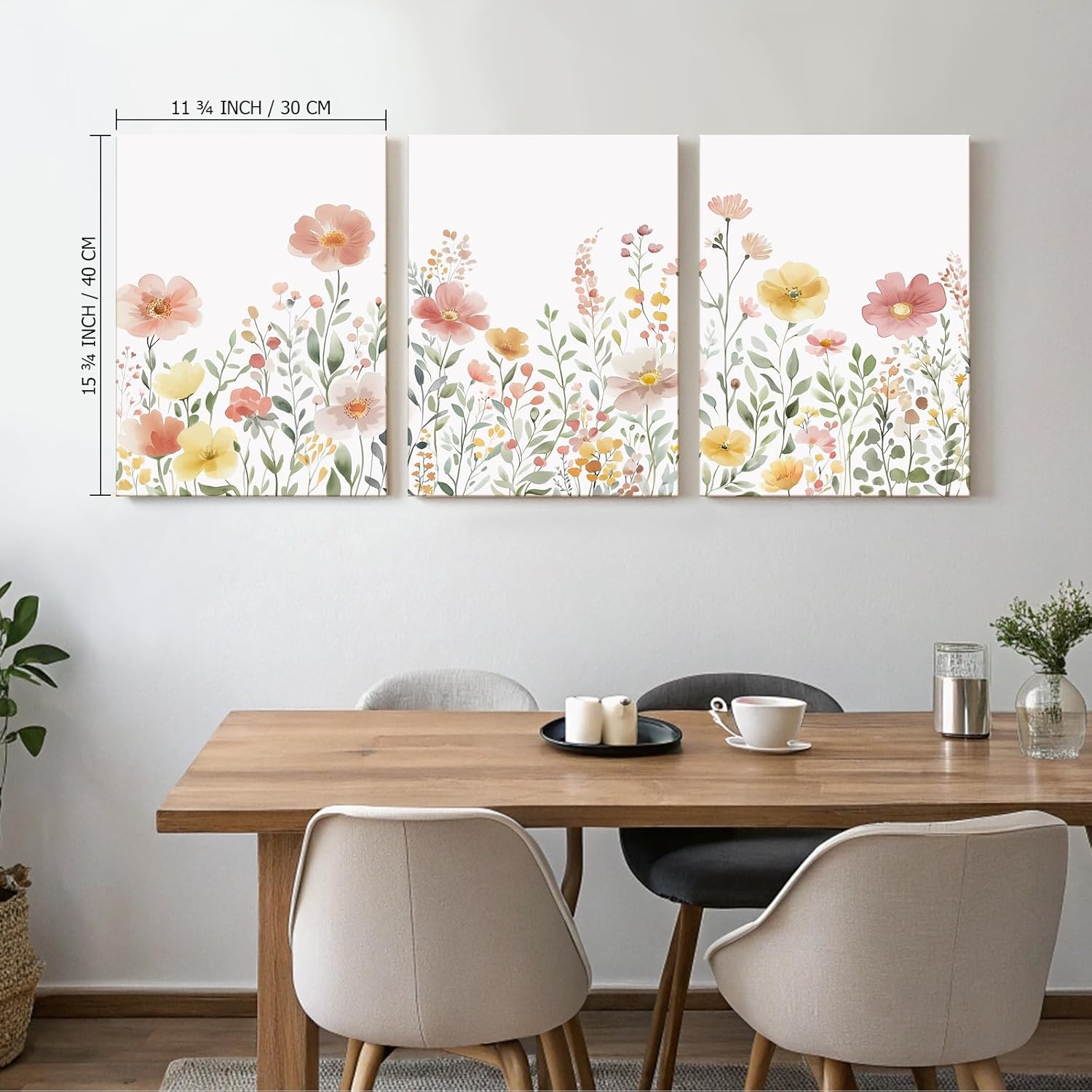 Colorful Wildflower Canvas Wall Art Set of 3 Framed - Pink Floral Watercolor Prints, Modern Minimalist Flower Painting Girls Botanical Nursery Decor for Living Room Bedroom Bathroom, 12x16 Inch