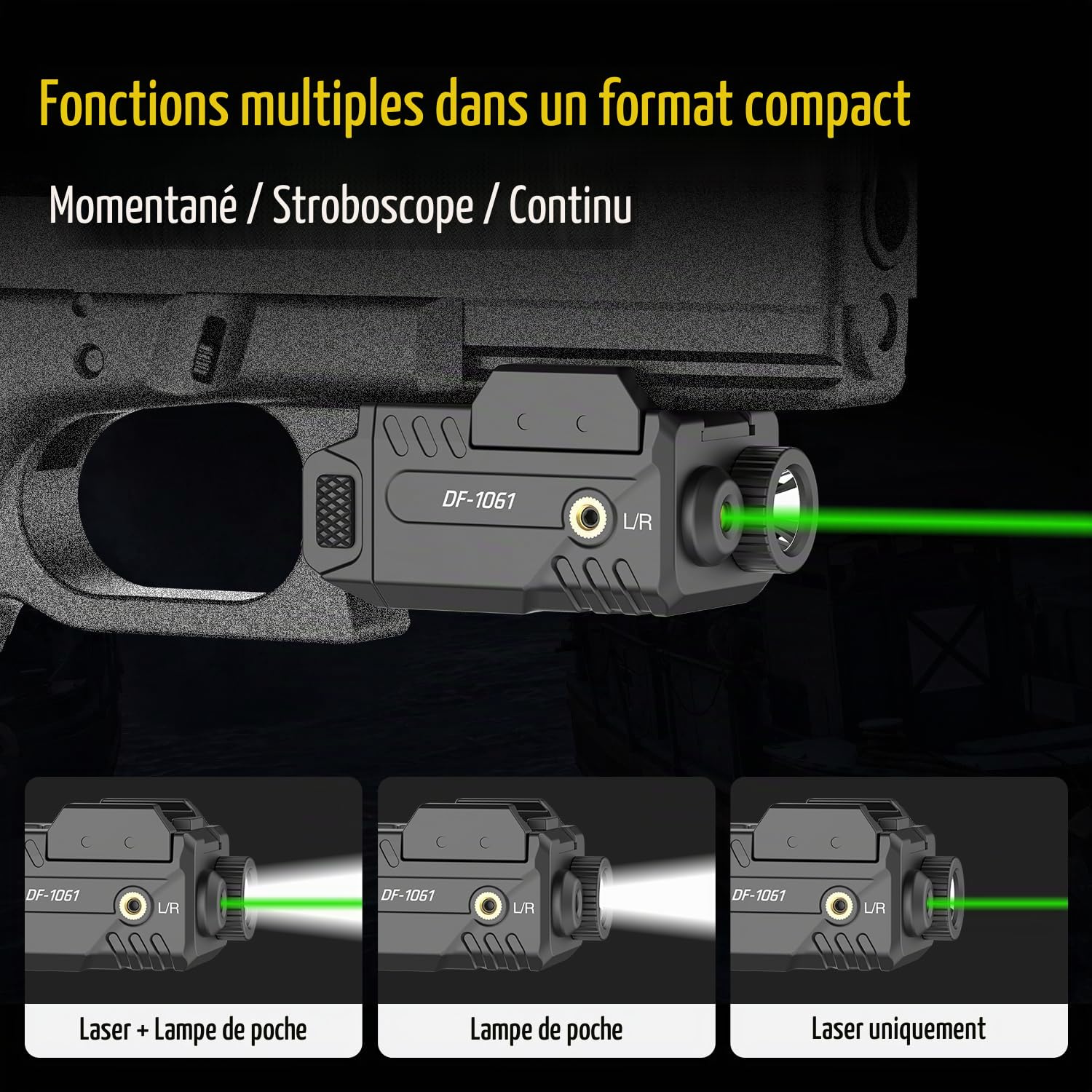 Defentac DF-1061 Lampe de poche magnétique avec faisceau vert pour pistolet, lampe de poche tactique 350 lumens LED blanche et faisceau vert Combo avec rail coulissant