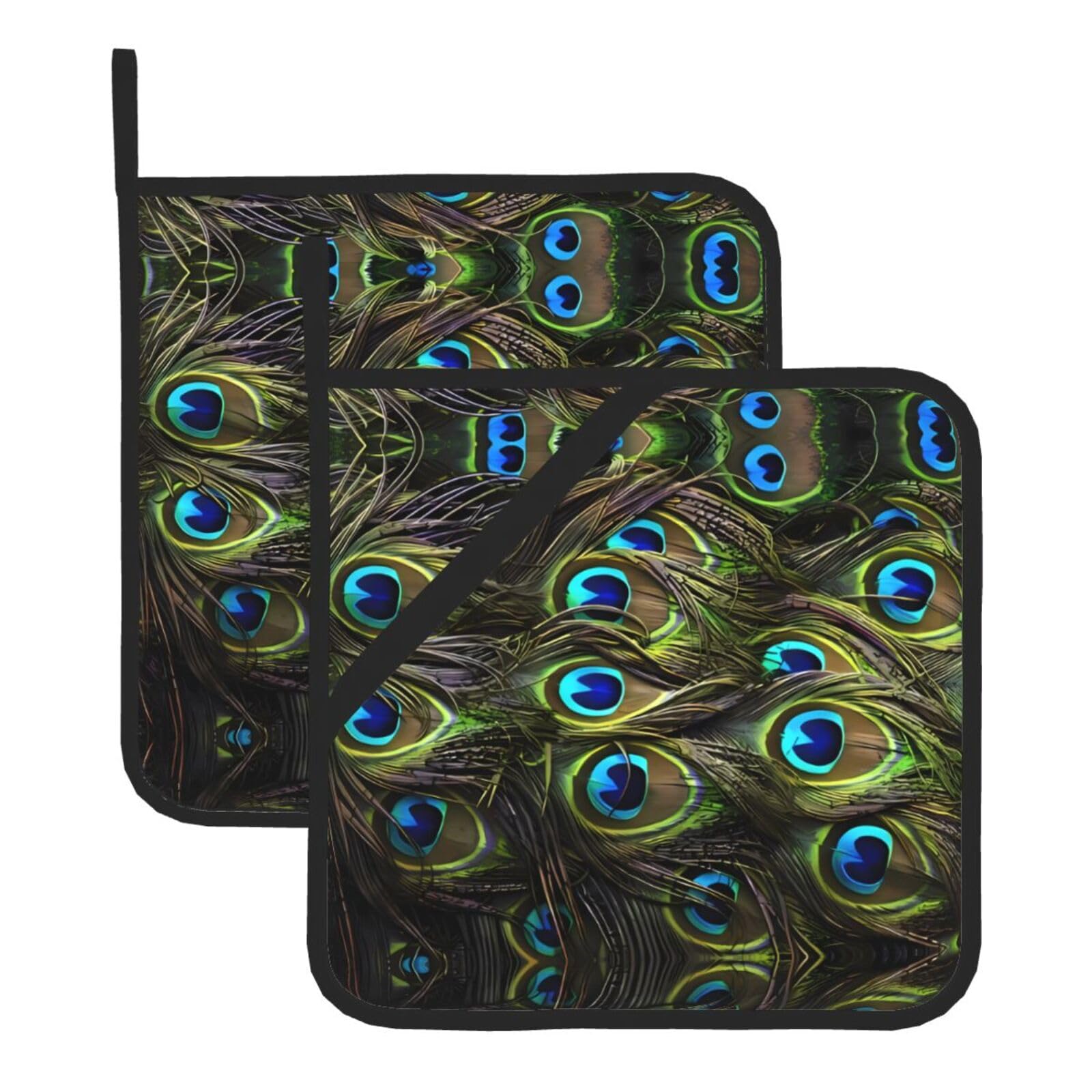 WHJSSF Fresh peacock Prints Square Hot Pads for Kitchen Counter - Waterproof Trivets with Hanging Loop, Thick Pot Covers for Serving, Oven & BBQ - Set of 2 (1 with Pocket)