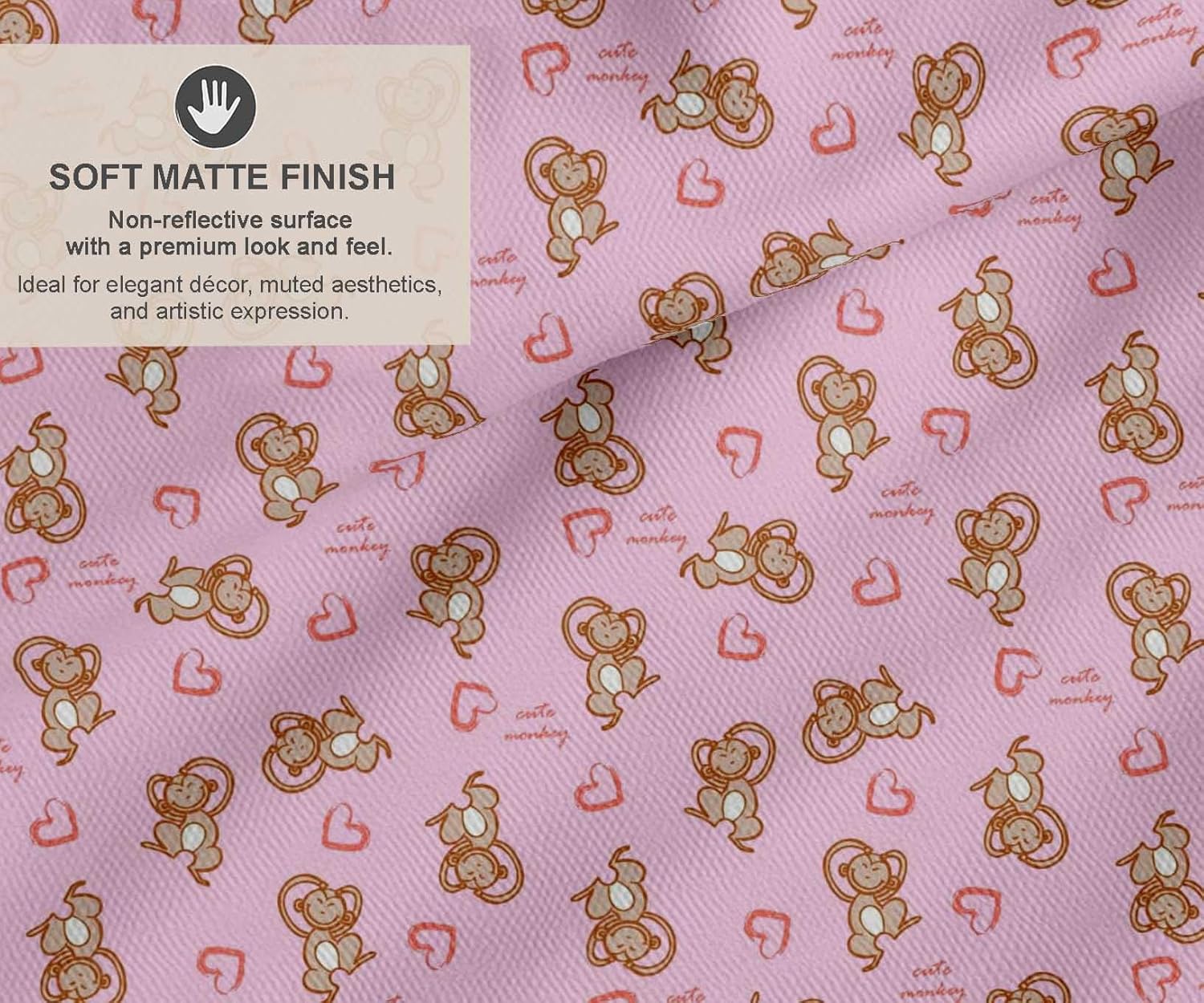 Soimoi Cotton Canvas Pink Fabric - by The Yard - 56 Inch Wide - Heart & Cute Monkey Cartoon Kids Fabric - Adorable and Playful Patterns for Kids' Apparel Printed Fabric