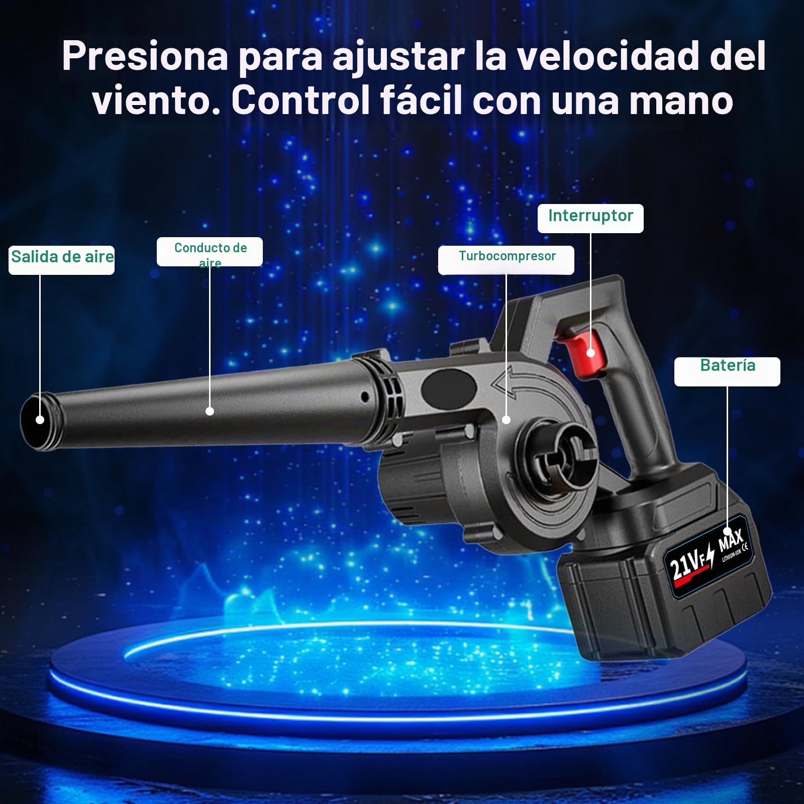 21V Soplador de Hojas con 2 * 3000 mAh Baterías Cargador, Soplador de Hojas Industrial, 18000 TRS/min 4.8m/s, Inalámbrico Sopladora Electrica para Jardín Patio