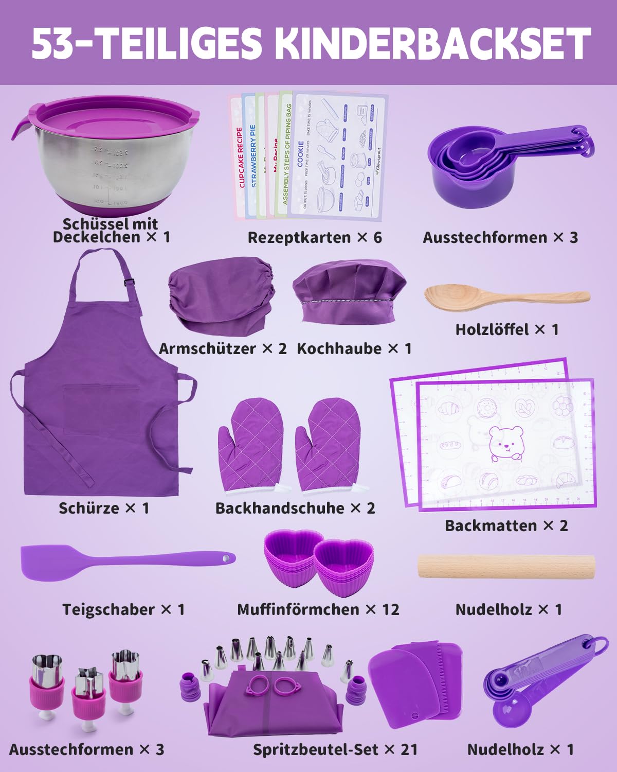 Kit de pâtisserie et de cuisine pour enfants 53 pièces avec toque, tablier de cuisine et accessoires de pâtisserie – Kit de jeu complet pour enfants à partir de 3 ans – Jouet éducatif pour