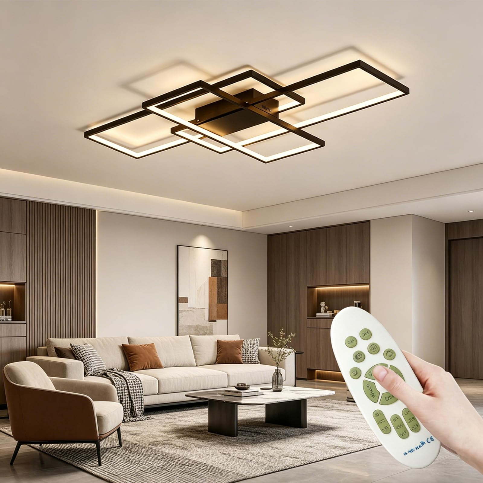 Deckenlampe Wohnzimmer 60W Modern LED Deckenleuchte Eckig, 3000k-6000k Lampen Wohnzimmer Deckenbeleuchtung mit Fernbedienung （80cm，Schwarz）
