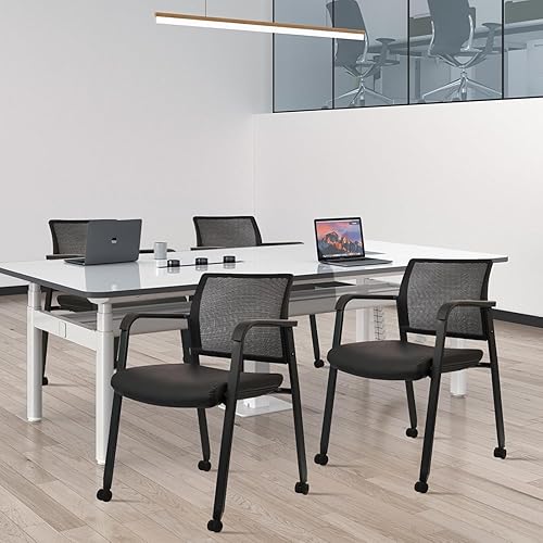 Miniatura 11 de CLATINA Silla de sala de espera negra con ruedas y respaldo de malla apilable con asiento de tela tapizado y soporte lumbar ergonómico para oficina