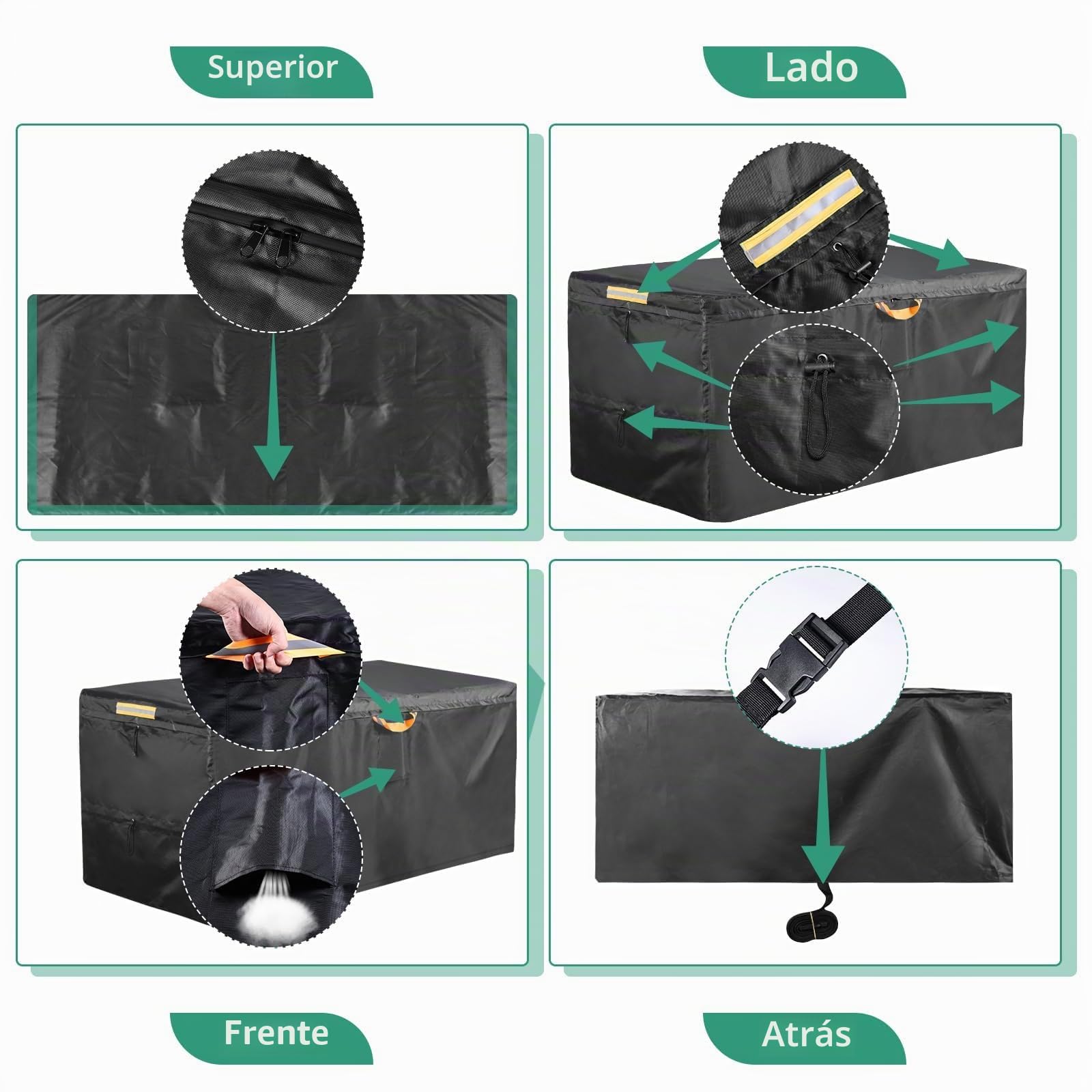 Funda para maletero de jardín con cremallera impermeable, funda para maletero de almacenamiento exterior 600D Oxford con 3 tiras reflectantes 5.2m de correa con hebilla cortavientos (160x 75x 70cm)