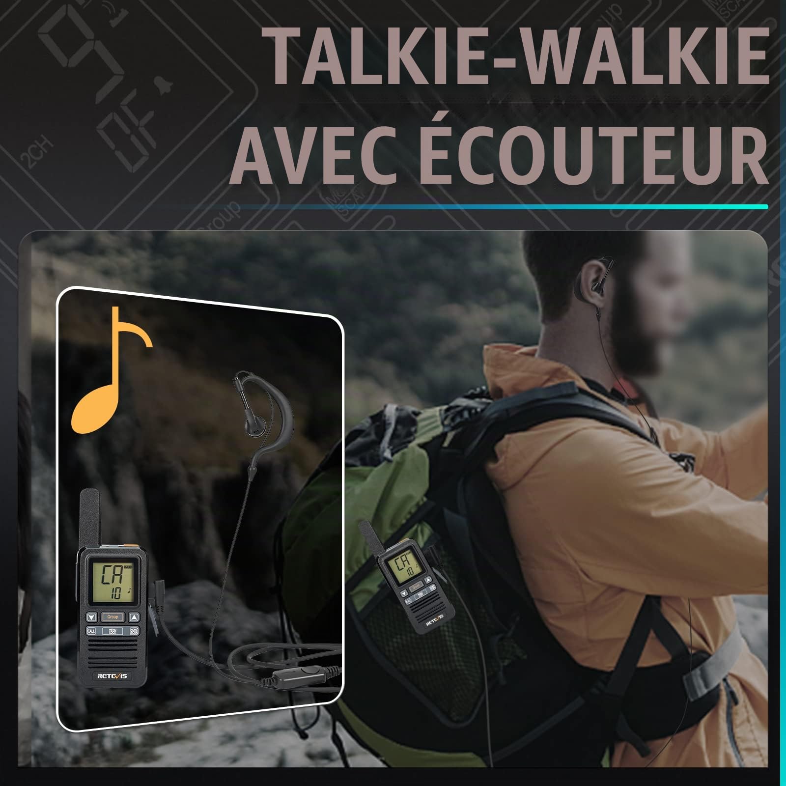 Retevis RB667 Talkie-Walkie Mini PMR446 Rechargeable 1600mAh USB-C, Écran LCD, Appel Groupe VOX Avec Oreillette Pour Randonnée, Camping (2 Pcs, Noir)