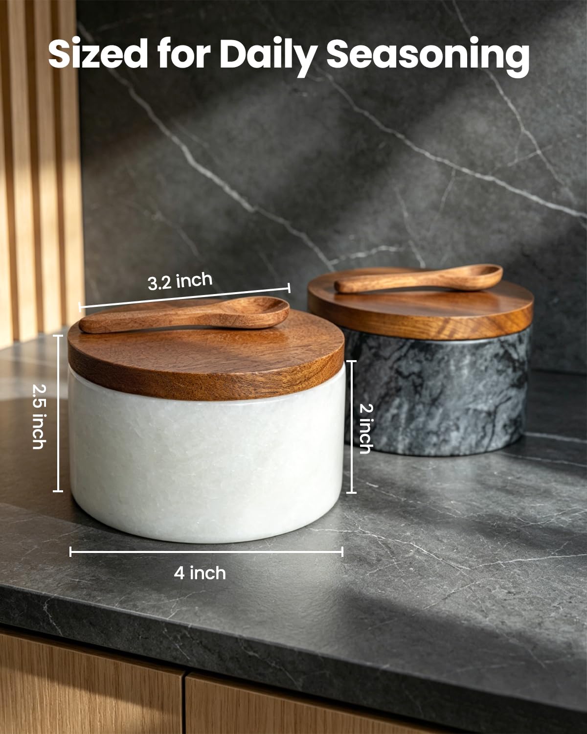 Salt and Pepper Containers, Marble Salt Cellar Set of 2 with Wood Lids and Spoons, Black and White Salt Keeper Bowls for Kitchen Counter, Sugar, Spices and Dry Seasonings