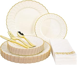 Lullaby 140PCS Elegant Disposable Dinnerware Set – 40 Ivory Scalloped Gold-Trim Plates (20 Dinner, 20 Dessert), 40 Forks, 20 Spoons, 20 Knives & 20 Napkins – Fancy Plastic Plates for 20 Guests