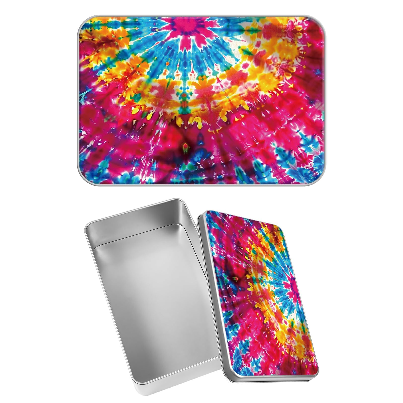 Rectangular Metal Tin Box with Removable Lid, Rainbow Flowers Decorative Printed Metal Storage Container for Jewelry Pen Eraser Pill Candy Craft 4.9 x 3.54 x 1.57 inch– Single Pack