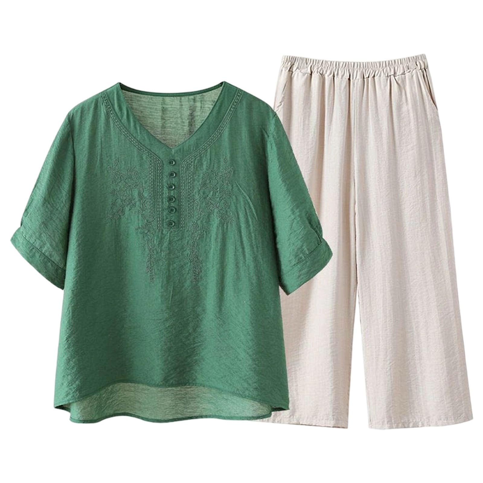 Conjunto de lino para mujer dos piezas de material suave con escote en V 3
