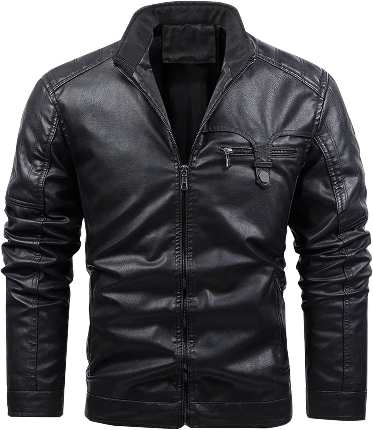 XUNRYAN Mens Faux-Leather Jackets Motorcycle Stand Collar Bomber Zip Up Jacket Vintage Winter Coat Pockets Fashion Streetwear