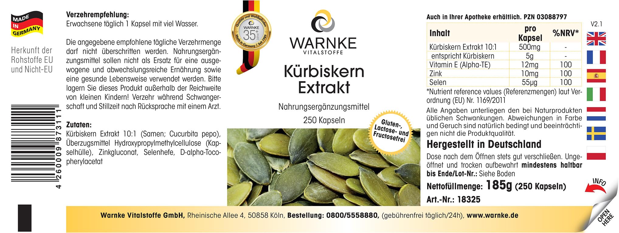 Warnke Gesundheitsprodukte Kürbiskern Extrakt (10:1) 500 mg mit nat. Vitamin E und Selen, 250 Kapseln, Großpackung, 1er Pack (1 x 190 g)