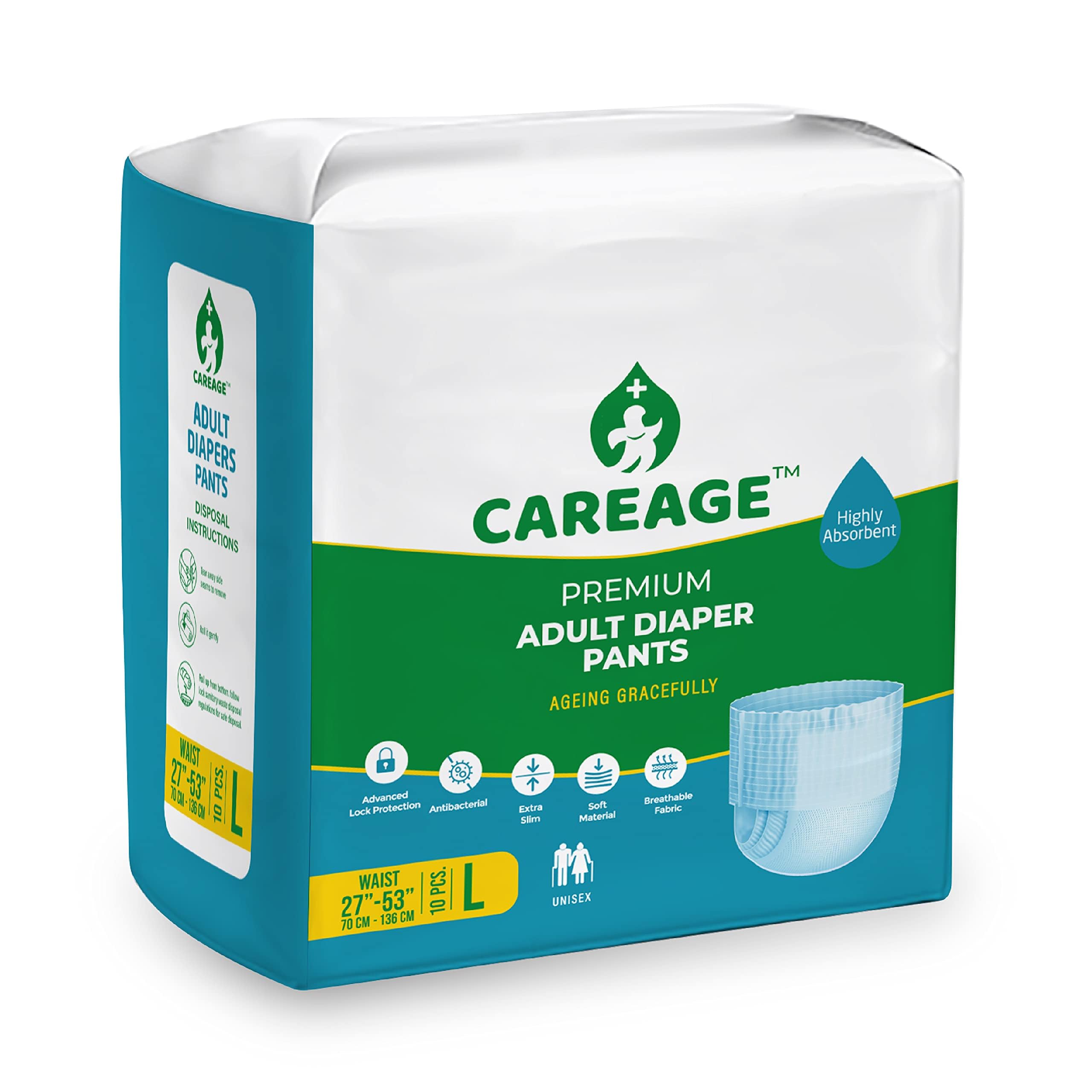 CAREAGE Adult Diaper Pant Style Medium Size with Extra Absorbent Core, Elastic Waist, Odour Control, Wetness Indicator | Pullup Diaper Pants, Unisex, Pack of 1 (B0CVB6HTFC) Amazon Price History, Amazon Price Tracker