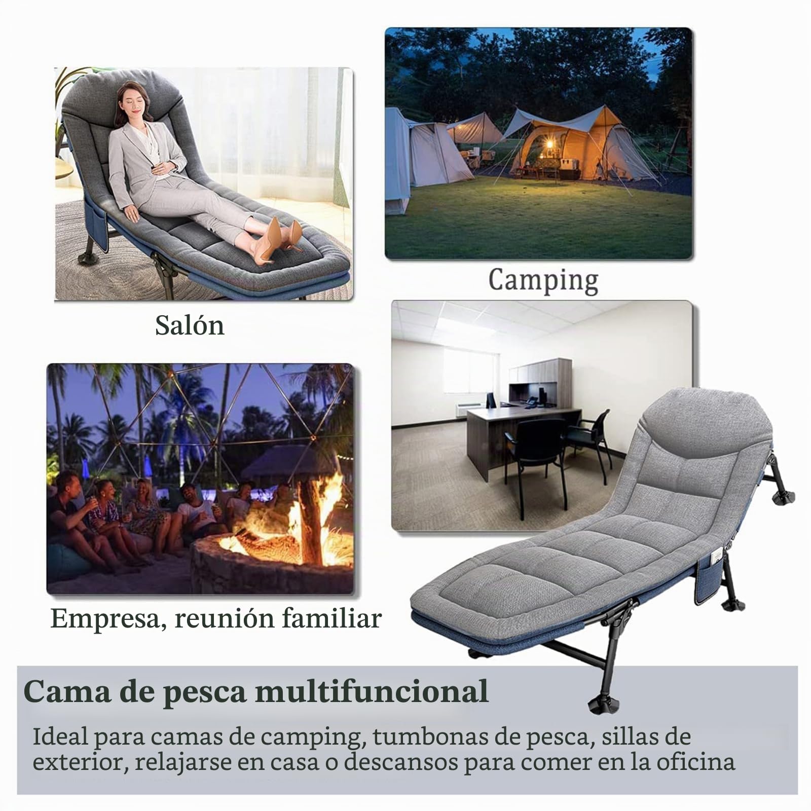 Cama Plegable Camping con Bolsillos Laterales, Cama Camping Plegable con Colchon, Respaldo Ajustable en 5 Posiciones, Soporta hasta 160 Kg, Cama de Exterior para Camping y Jardín