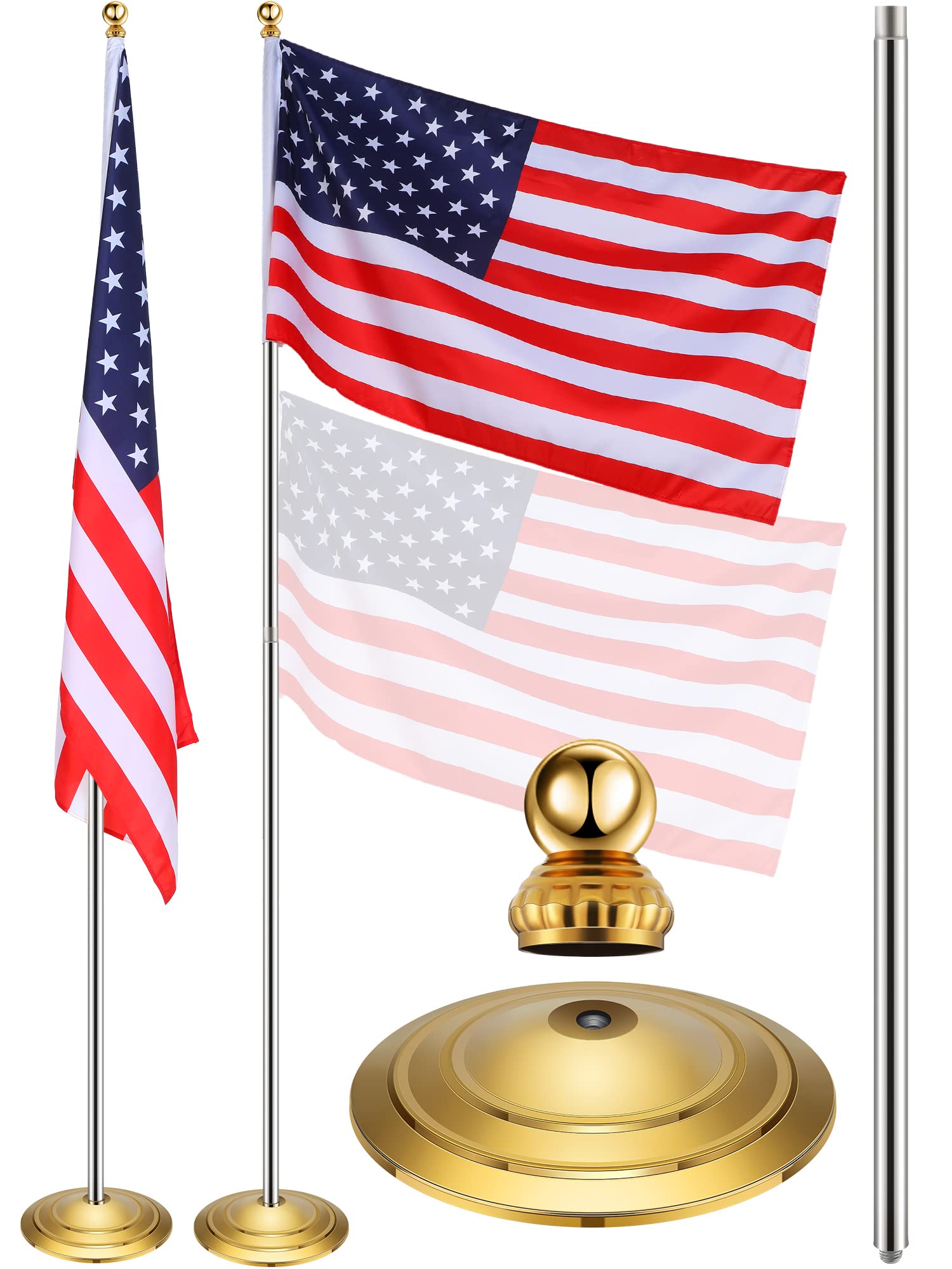 Indoor Telescoping Flag Pole with Base and Ball Top Indoor Flag Pole and Stand Heavy Duty Indoor Stainless Steel Flag Pole Base for House Office Decor, Flag Not Included (Gold, Silver, 8.53 ft)