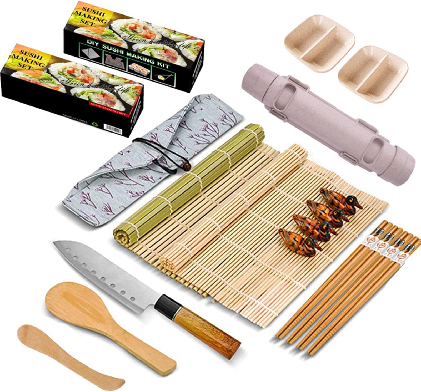 All-in-One Sushi Making Kit - Bamboo Mat, Bazooka Maker, Chopsticks, Paddle, Spreader, Knife, Holder, Cotton Bag, DIY Roller Machine (Beige)