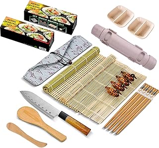 All-in-One Sushi Making Kit - Bamboo Mat, Bazooka Maker, Chopsticks, Paddle, Spreader, Knife, Holder, Cotton Bag, DIY Roller Machine (Beige)
