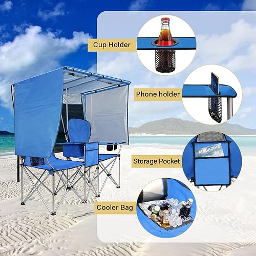 Miniatura 5 de BESTHLS Silla de campamento doble con toldo  Sofá biplaza 600D resistente para adultos, silla de playa para 2 personas con paraguas, sofá biplaza de