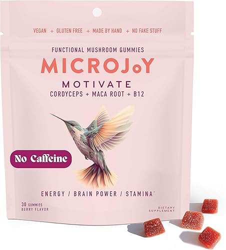 Microjoy Motivate Gummies - Energía, resistencia y apoyo cerebral con hongos Cordyceps, maca y vitamina B12 - Veganas, sin gluten, sin OMG - Sabor a