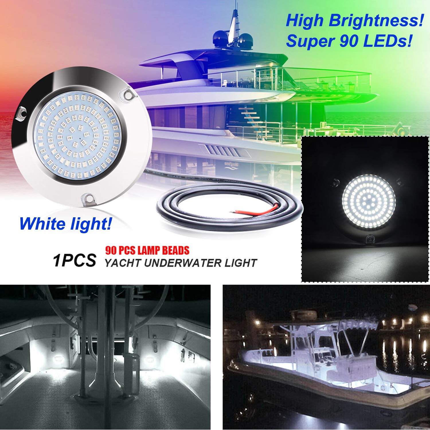 Greluma 2 piezas Luz de popa de barco de pontones marinos redondos de 90 LED, luces de pesca de popa de cubierta de barco de acero inoxidable impermeables IP68-DC 12-24V, blanco