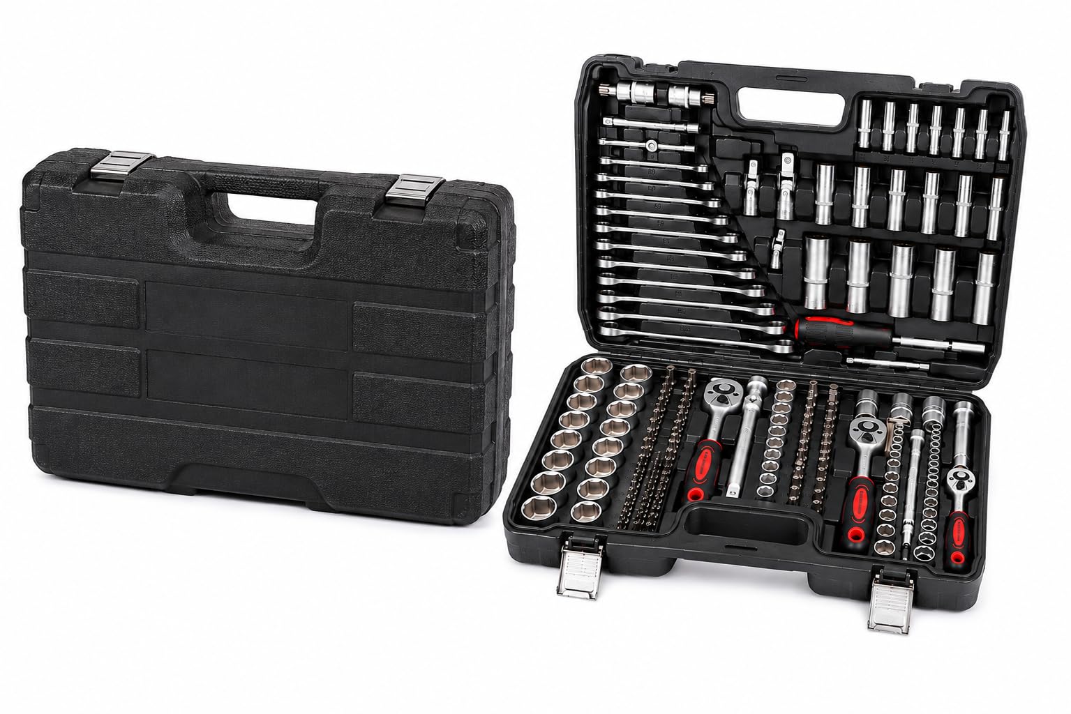 A.M.C. Coffret à outils 216 pièces – Kit de clés à douille, cliquet, douilles, embouts et clés mixtes – Mallette professionnelle complète pour voiture, moto, vélo et bricolage