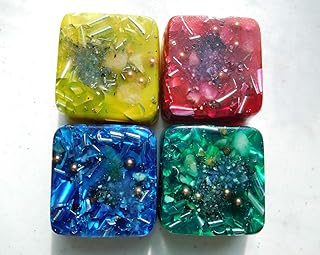 4 Transparent Mini Cube Tower Busters Green Yellow Red Blue Orgone Generator Energy Accumulator PERFECT GIFTING TOOL!!!! Made 7.83/432/528Hz Frequency with OM Chants Many Beautiful Ingredients!! Orgonite