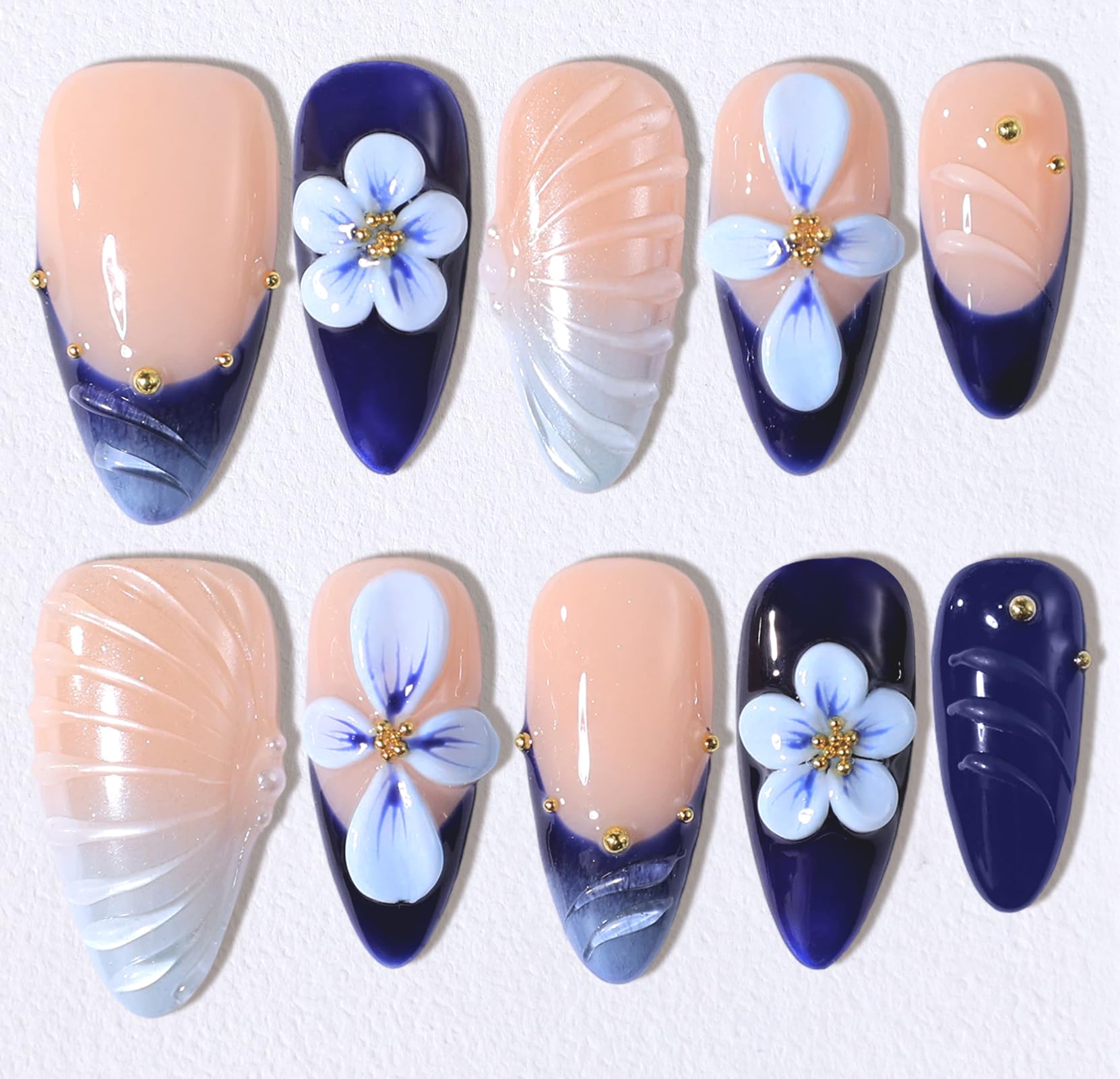 Buleens Unghie a pressione fatte a mano in acrilico, con fiori blu navy 3D, punta francese, a mandorla, 10 pezzi, riutilizzabili, taglia M