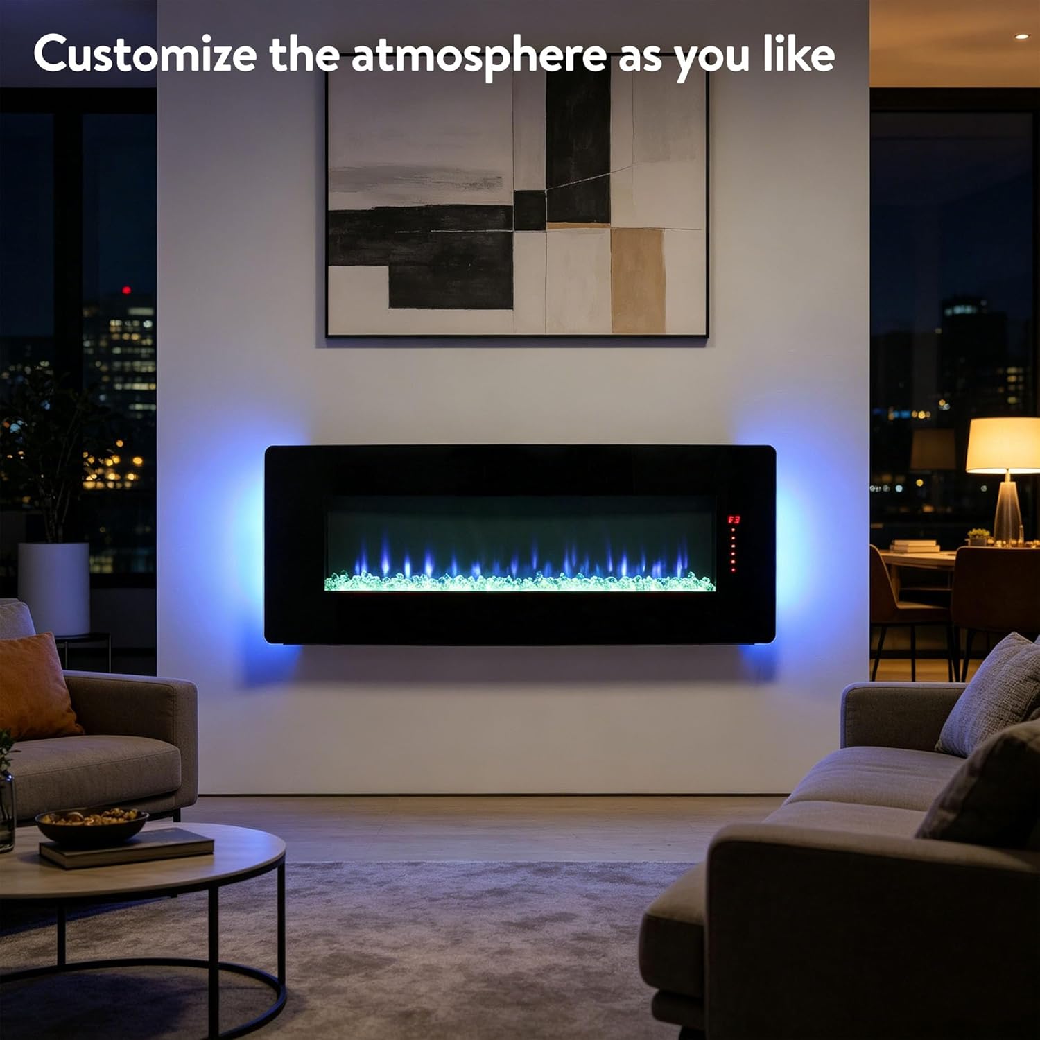 48" Curved Glass Electric Fireplace, Wall Fireplace Electric with Remote Control, 4 Adjustable Flame Colors, Wall Mounted/Freestanding, 1400W Fireplace Heater, Backlight, 3 Media Bed, Timer